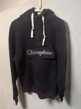Champion Navy Sherpa Polar Fleece Hooded Half-Zip Jacket NWT